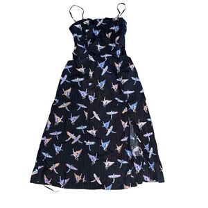Free People Parrot Bird Print Black Midi Dress